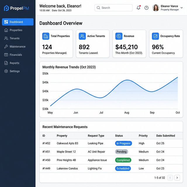 ModMage property management dashboard showing property overview, revenue charts, and maintenance requests